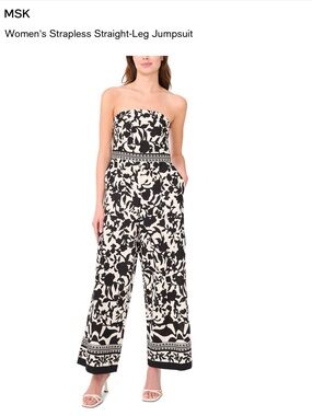 MSK Black & White Strapless Floral-Print Jumpsuit